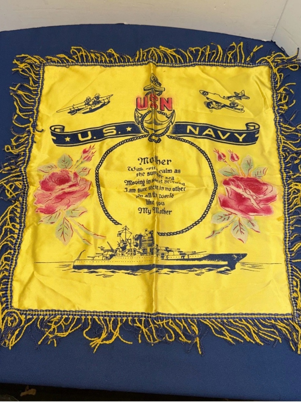 Vintage WW2 United States Navy Army “Mother” Souvenir Pillow Case Sham 17”x 16”.
